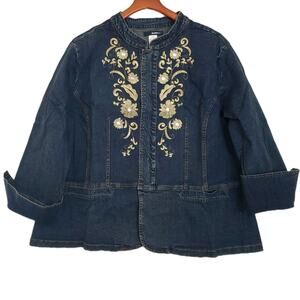 Denim 24/7 Stretch Jean Denim Jacket w/Gold Floral‎ Embroidery 22W NWT Western